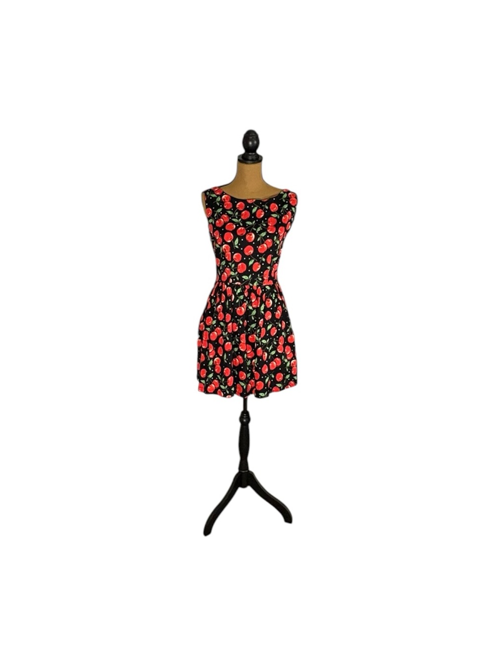 Cissy’s May Cherry Print Dress XL 14 Black Red Cotton Fit & Flare Rockabilly